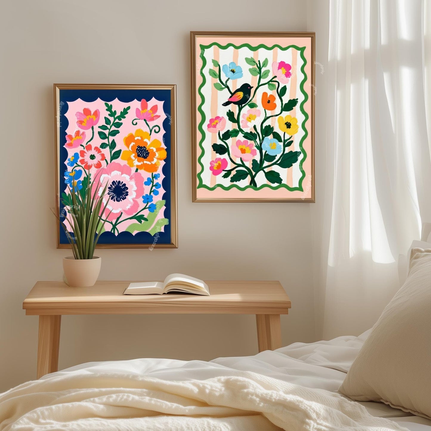 Bird and Flowers Wall Art - Retro Floral Art Print - Midcentury Modern Home Decor Wall Art for Living Room