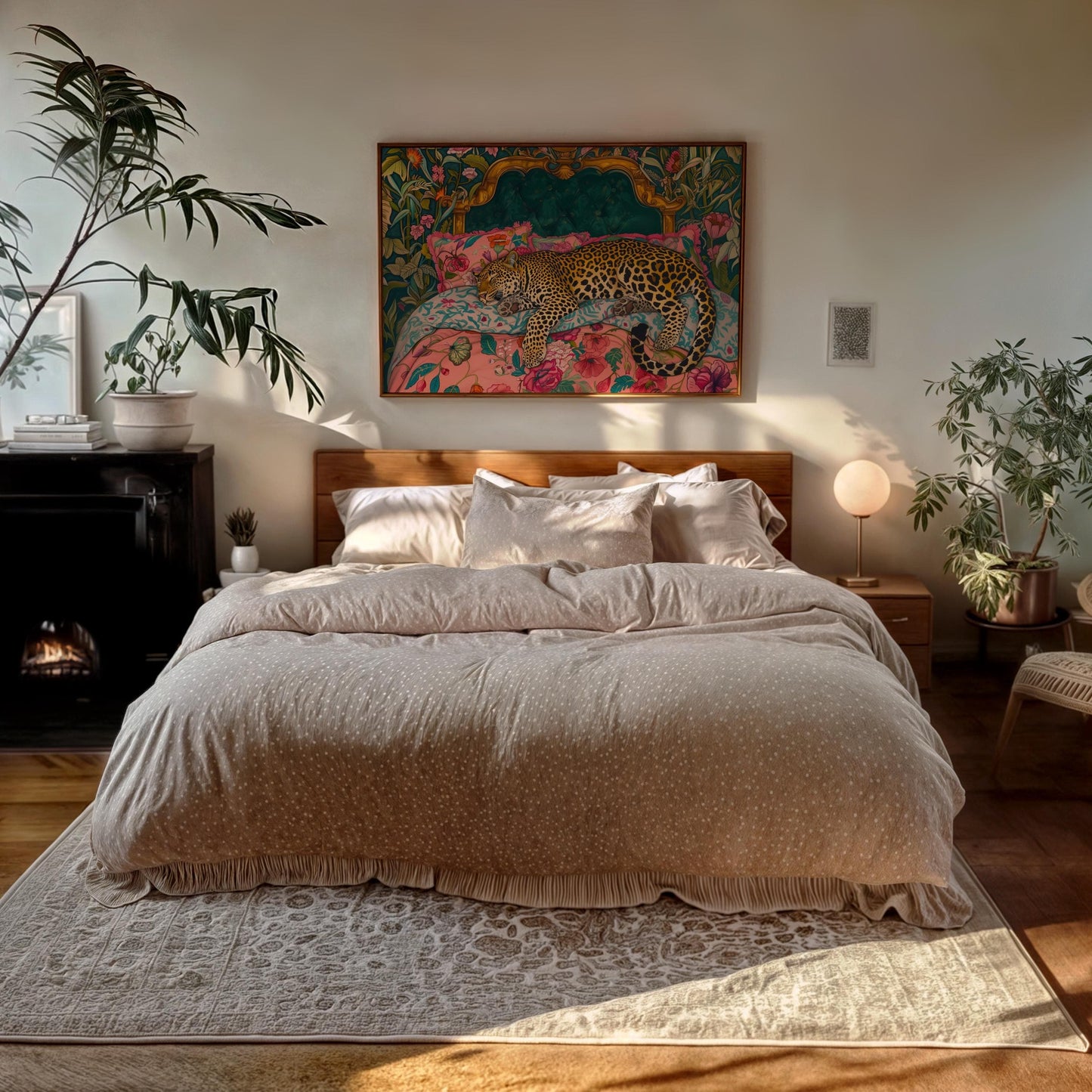 Sleepy Leopard in a Vintage Bed Print
