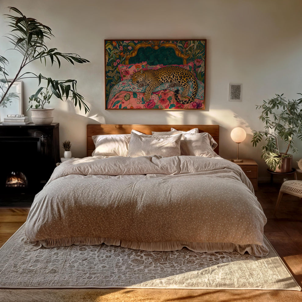 Sleepy Leopard in a Vintage Bed - Wall Art
