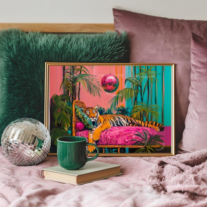 Tiger Sleeping Under A Disco Ball - Horizontal Wall Art