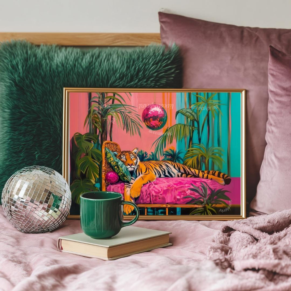 Tiger Sleeping Under A Disco Ball - Horizontal Wall Art