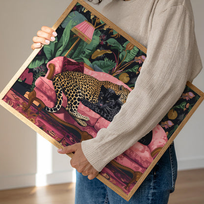 Snuggly Leopard and Black Panther In a Vintage Couch