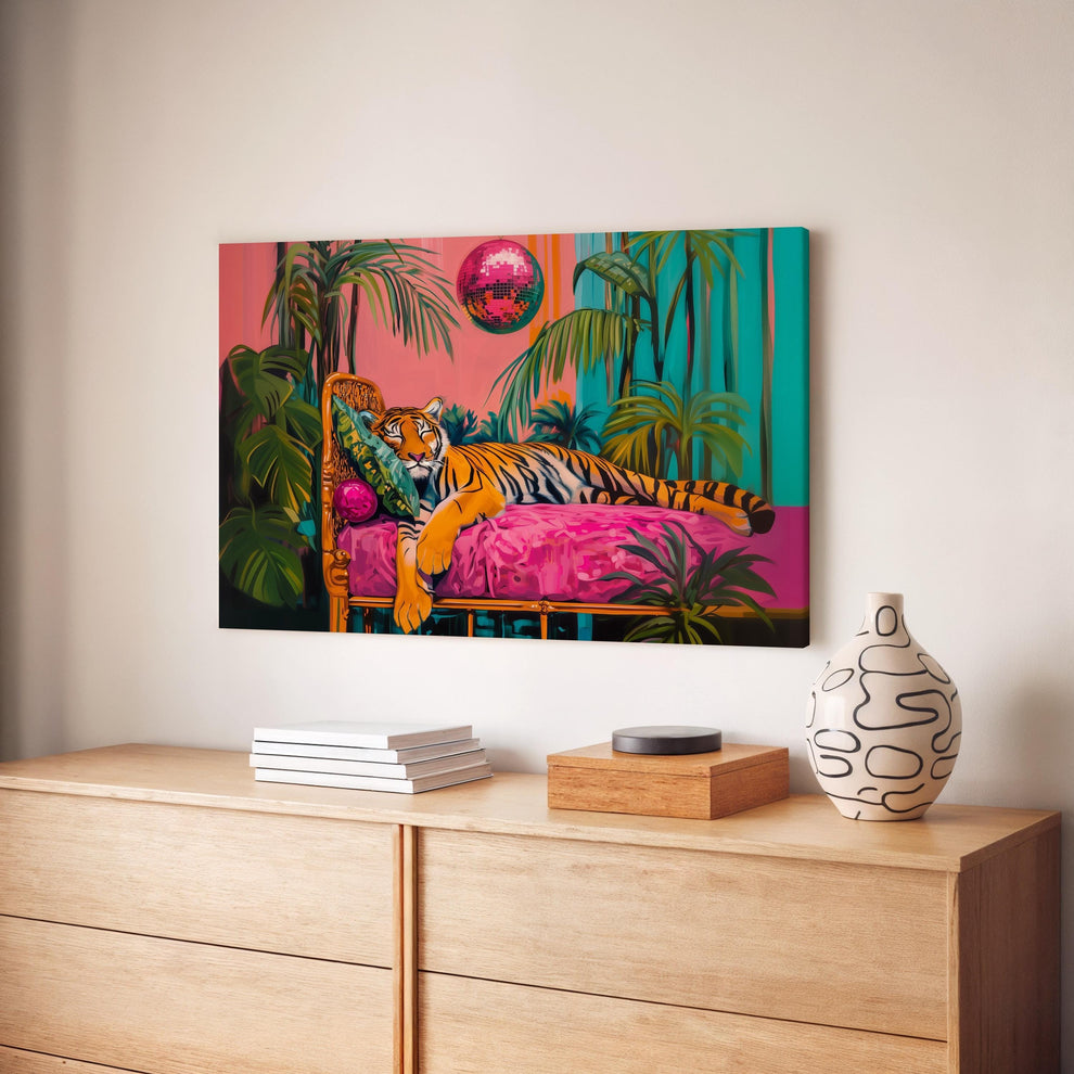 Tiger Sleeping Under A Disco Ball - Horizontal Wall Art