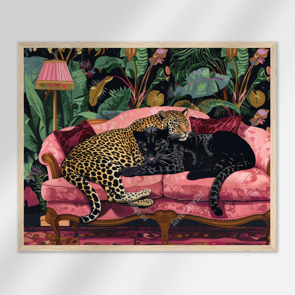 Snuggly Leopard and Black Panther In a Vintage Couch