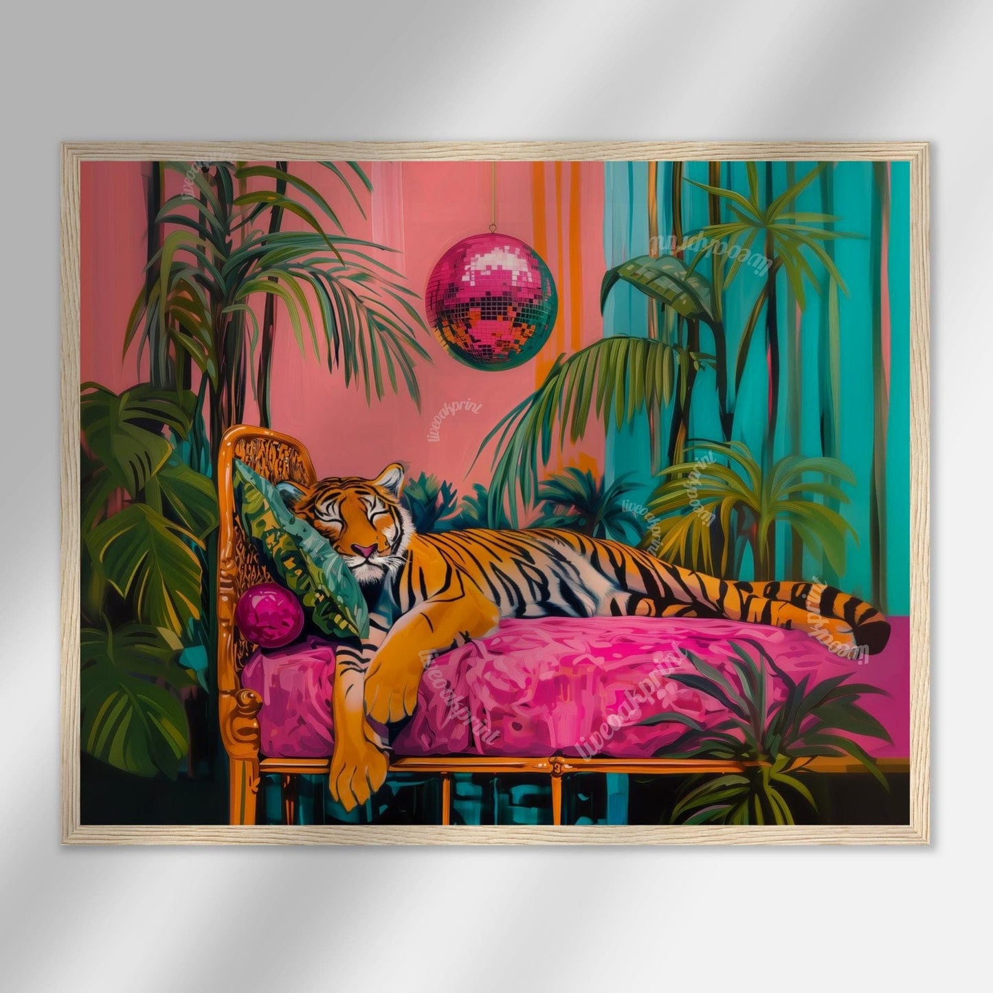 Tiger Sleeping Under A Disco Ball - Horizontal Wall Art