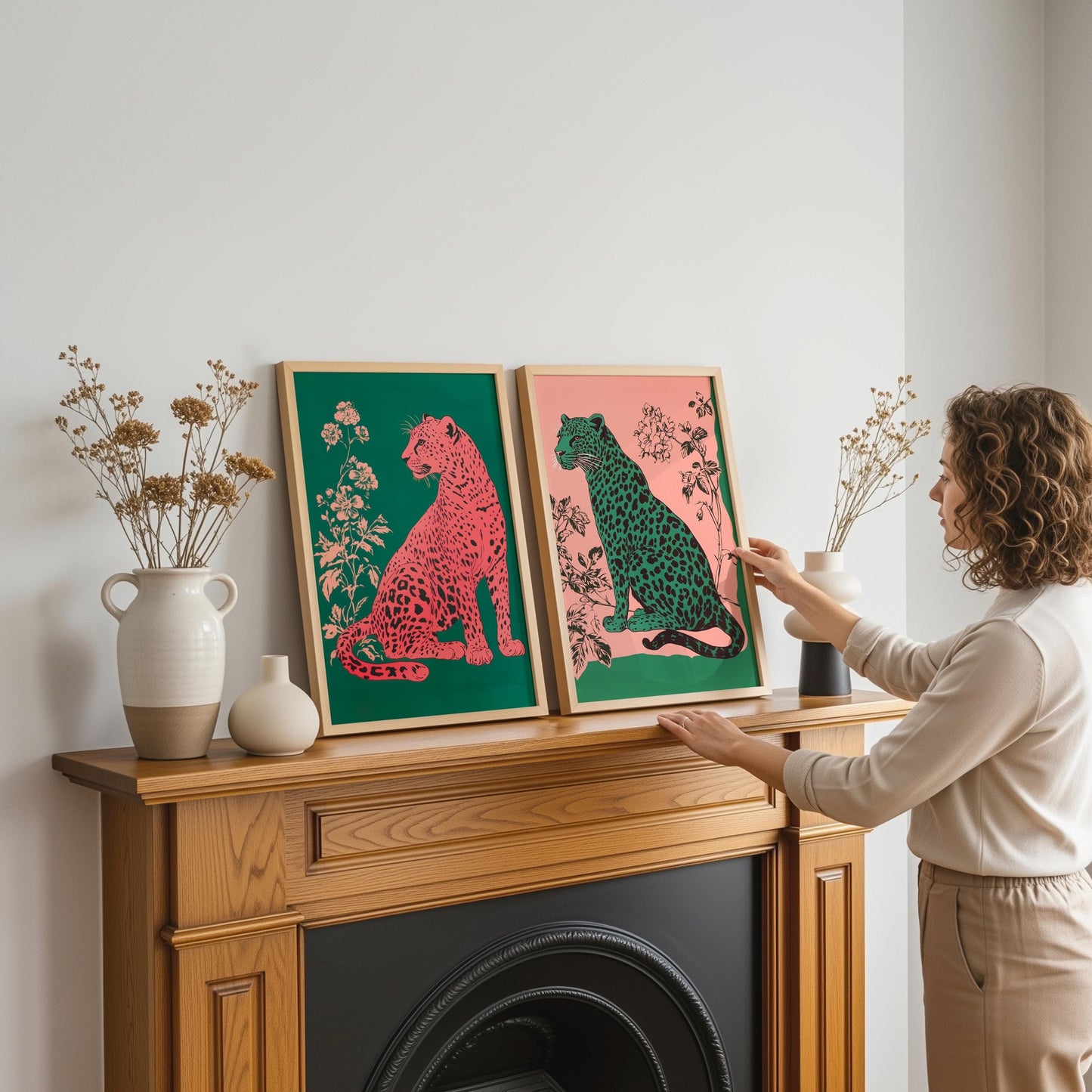 Emerald Leopard and Pink Leopard Art Set of Two Prints