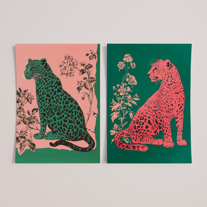 Emerald Leopard and Pink Leopard Art Set of Two Prints