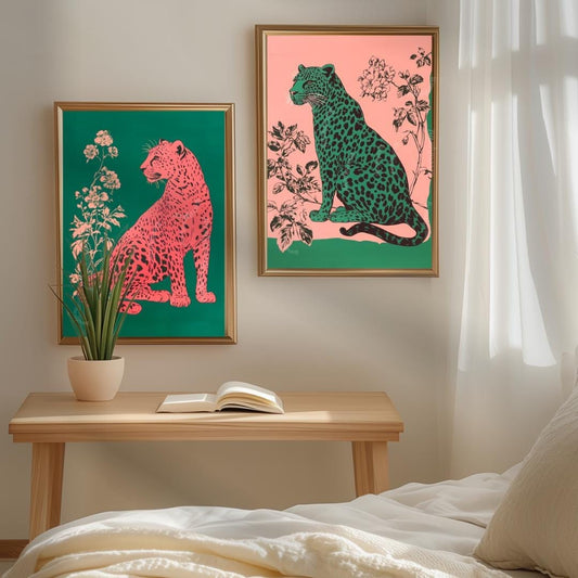 Emerald Leopard and Pink Leopard Art Set of Two Prints