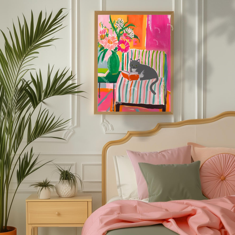 Gray and White Cat Reading Print – White Belly and Paws and All-Gray Face Version