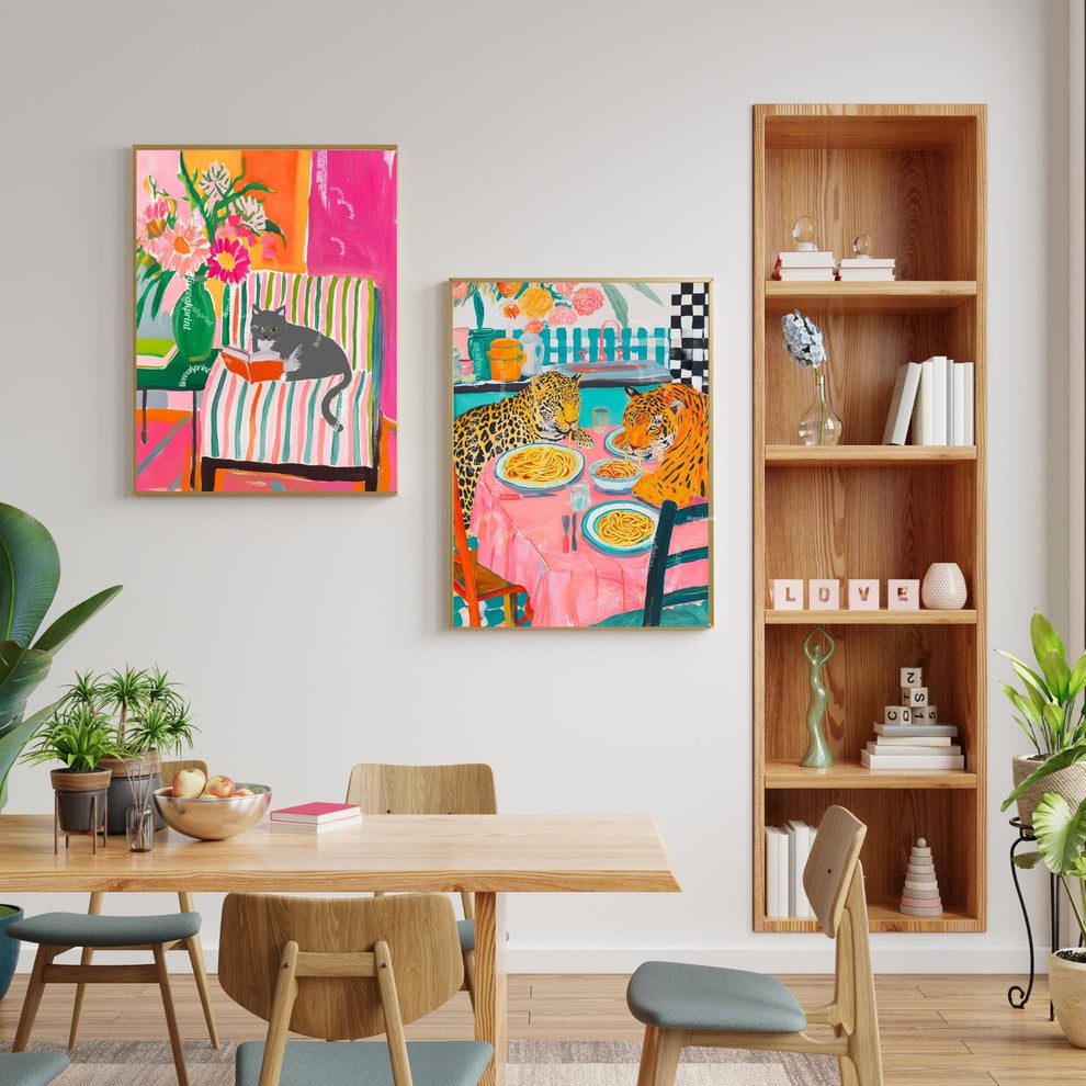 Gray and White Cat Reading Print – White Belly and Paws and All-Gray Face Version