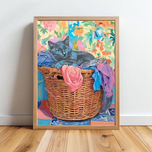 Russian Blue Cat Laundry Print - Gray Cat In Laundry