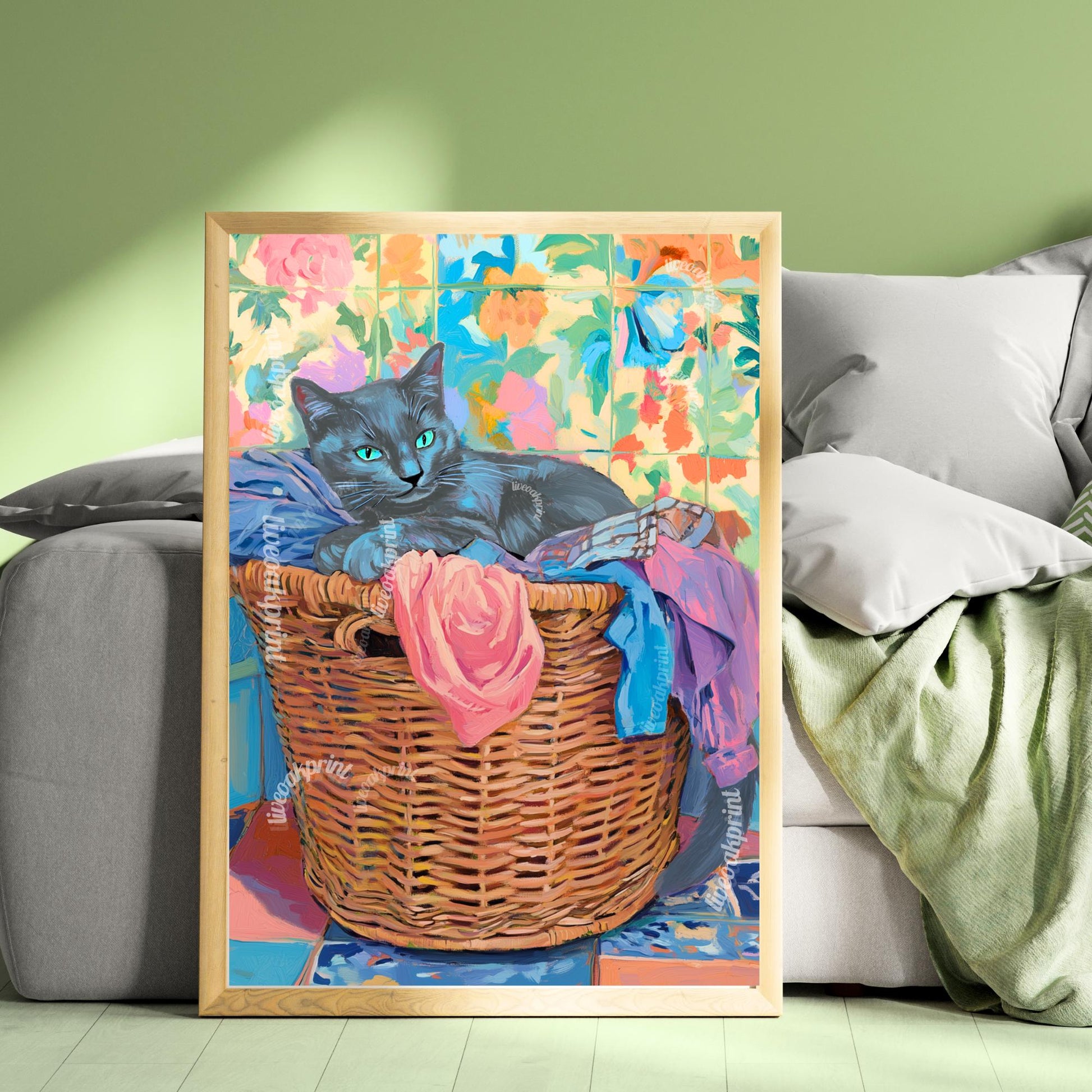 Russian Blue Cat Laundry Print - Gray Cat In Laundry