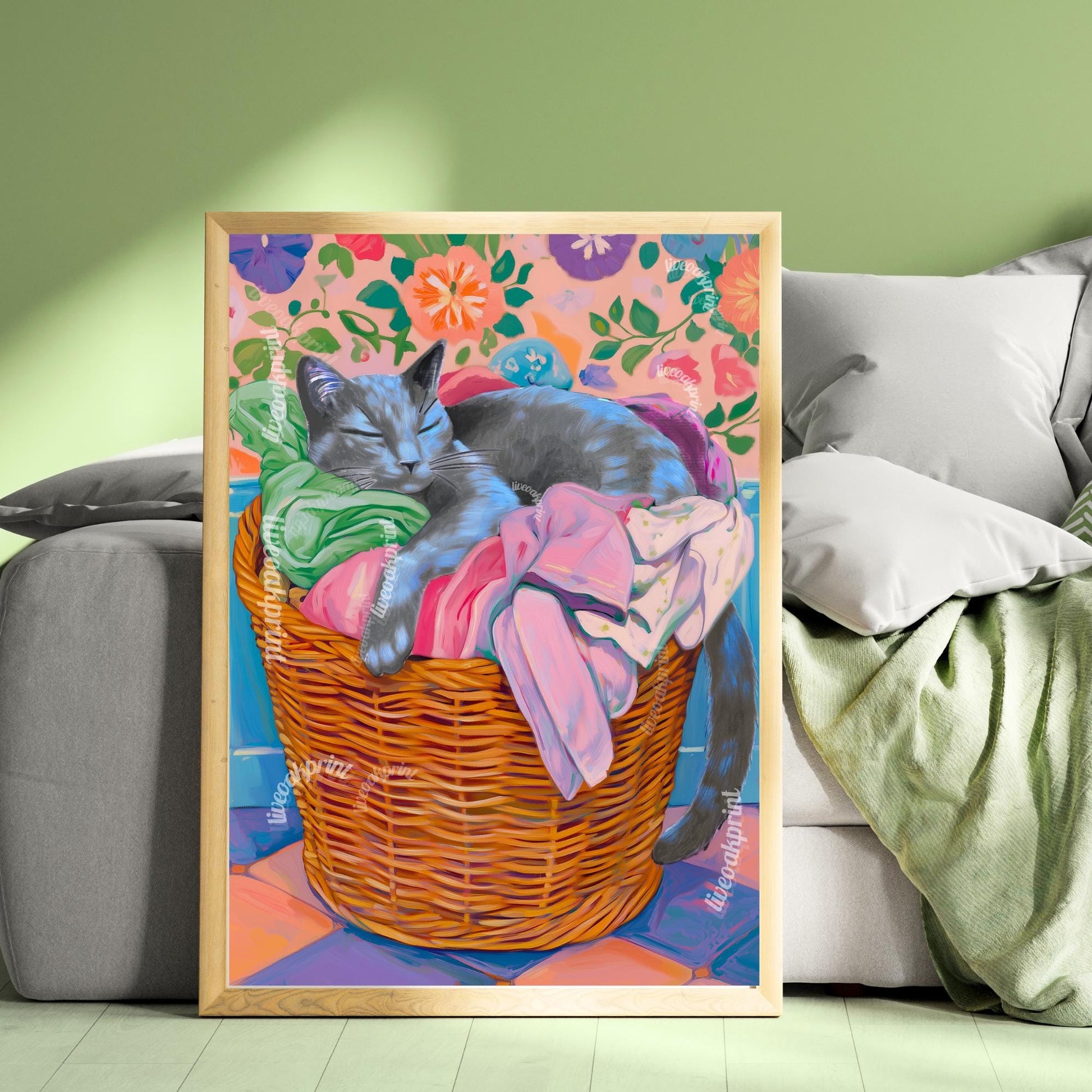 Sleeping Russian Blue Cat in Laundry Basket Print - Gray Cat In Laundry