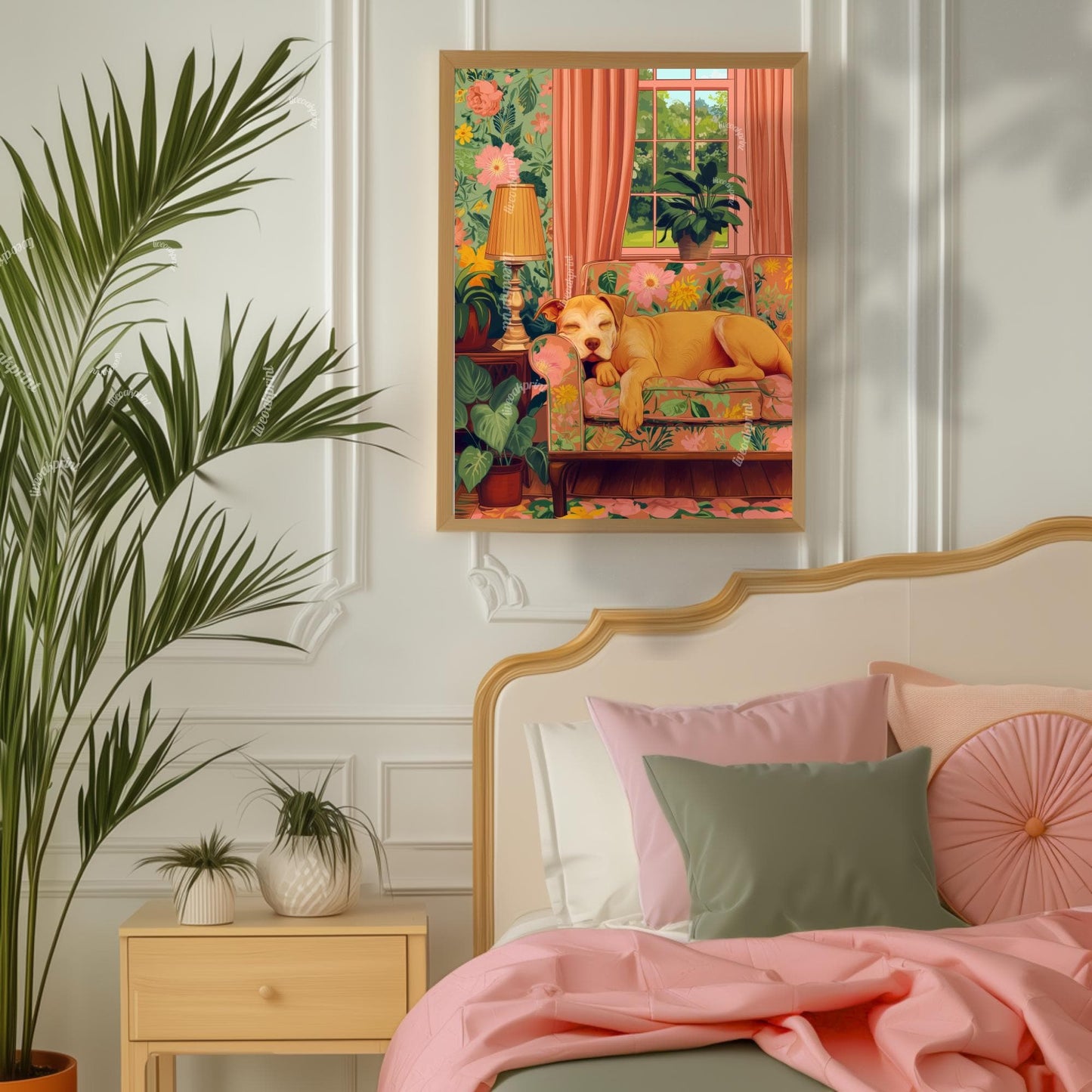 Sweet Yellow Pitbull Sleeps in a Maximalist Living Room