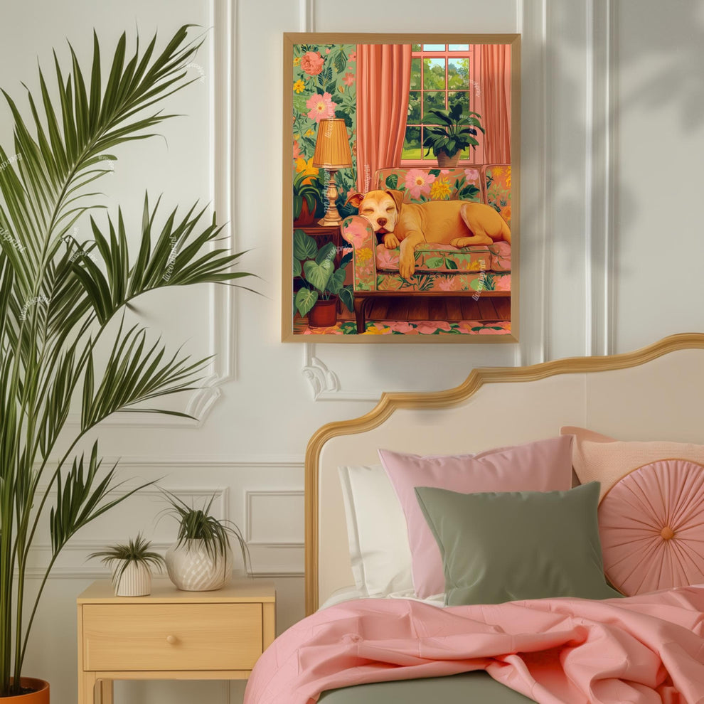 Sweet Yellow Pitbull Sleeps in a Maximalist Living Room