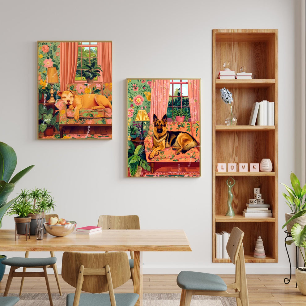 Sweet Yellow Pitbull Sleeps in a Maximalist Living Room