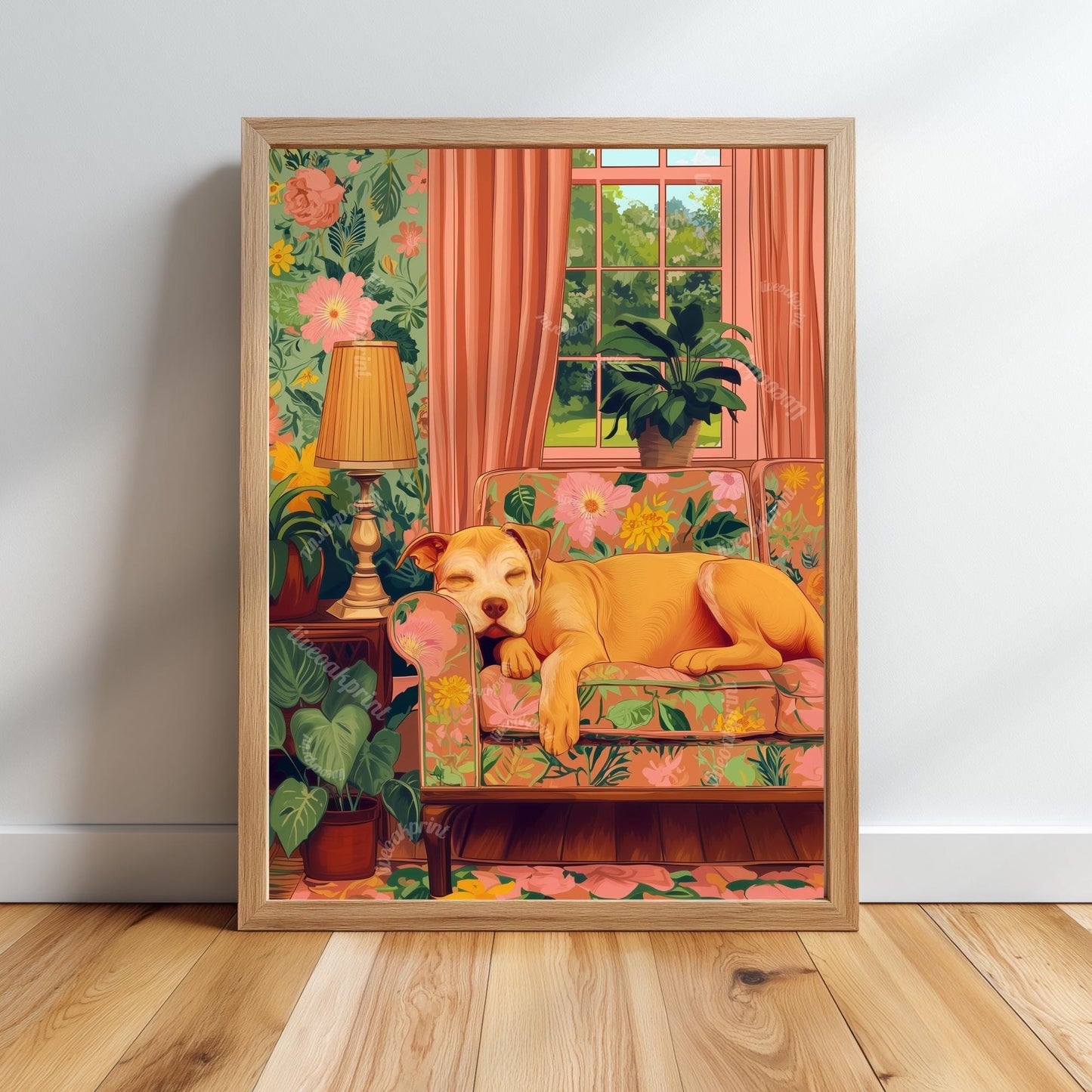 Sweet Yellow Pitbull Sleeps in a Maximalist Living Room