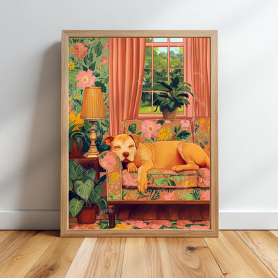 Sweet Yellow Pitbull Sleeps in a Maximalist Living Room