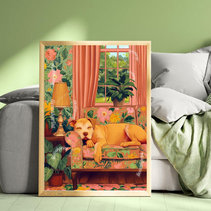 Sweet Yellow Pitbull Sleeps in a Maximalist Living Room