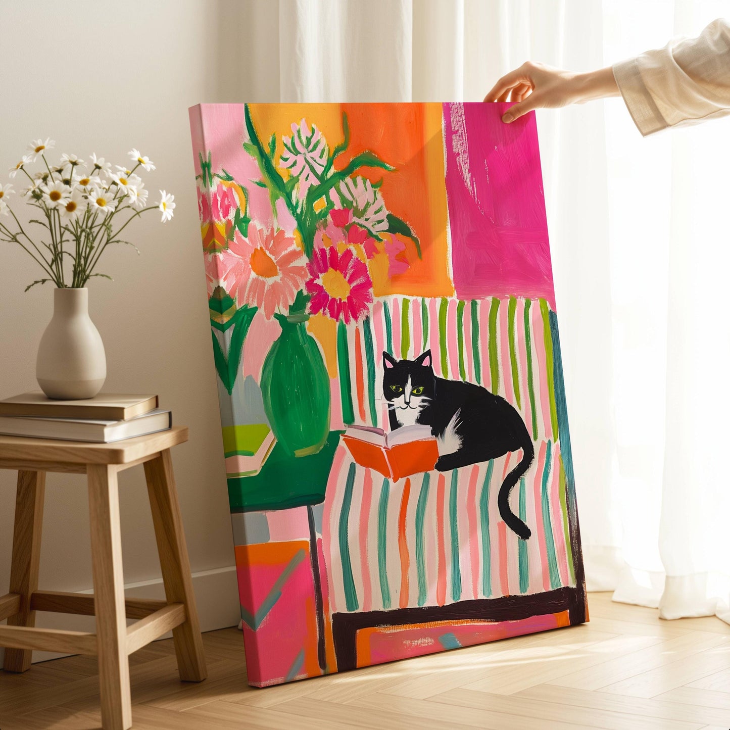 Tuxedo Cat Reading Print – Bookish Wall Art – Cozy Reading Nook Decor – Black and White Cat Art – Gift for Book Lovers – Dopamine Decor