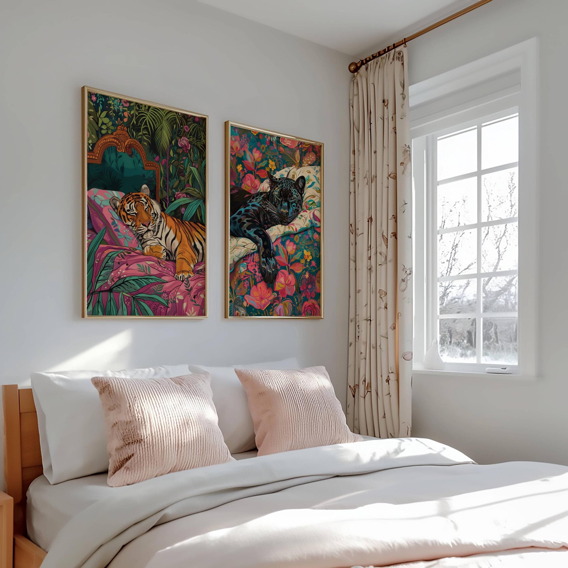 Set Of Two Prints - Tiger and Puma Sleeping Bedroom Art