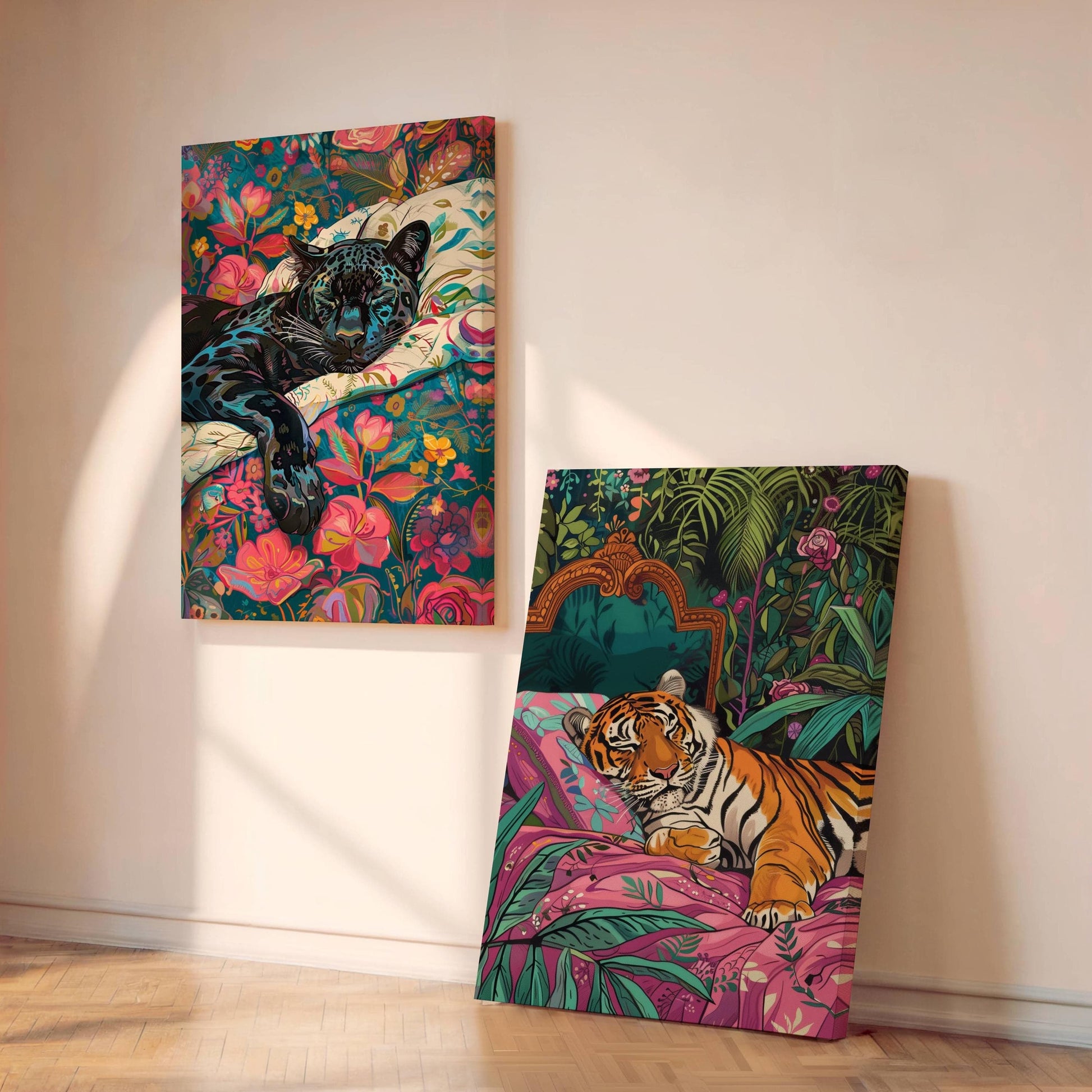 Set Of Two Prints - Tiger and Puma Sleeping Bedroom Art