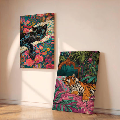 Set Of Two Prints - Tiger and Puma Sleeping Bedroom Art