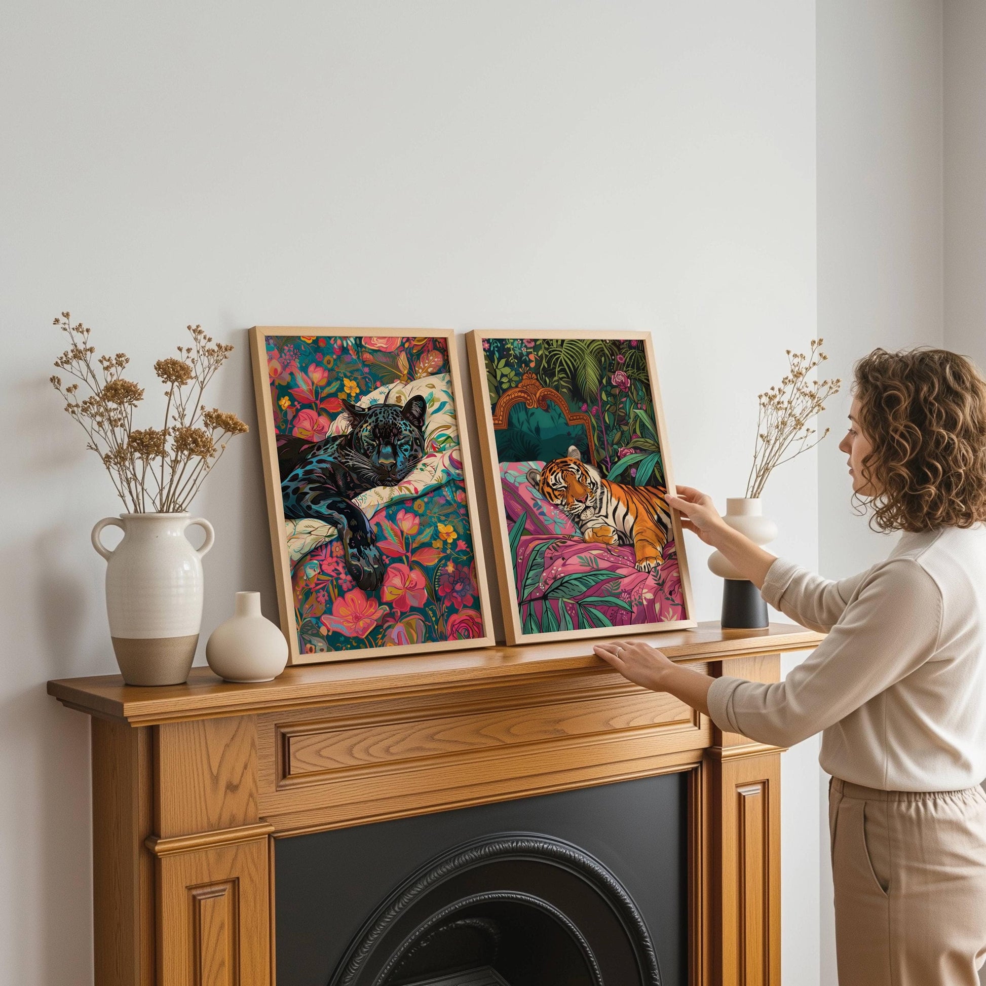 Set Of Two Prints - Tiger and Puma Sleeping Bedroom Art