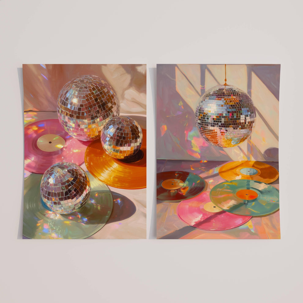 Disco Ball and Records Wall Art Set of 2 Prints – Funky Maximalist Wall Art Retro Wall Decor Gift For Record Lover Disco Ball Music Art