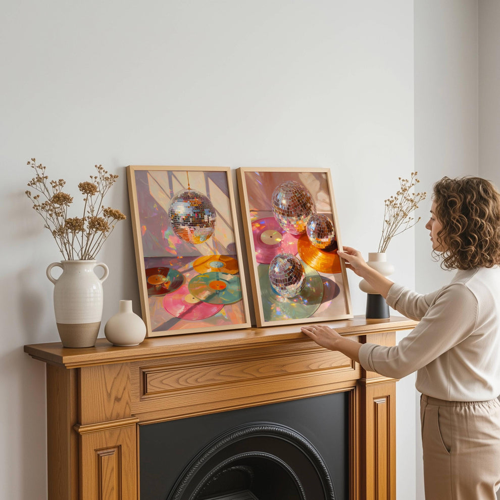 Disco Ball and Records Wall Art Set of 2 Prints – Funky Maximalist Wall Art Retro Wall Decor Gift For Record Lover Disco Ball Music Art