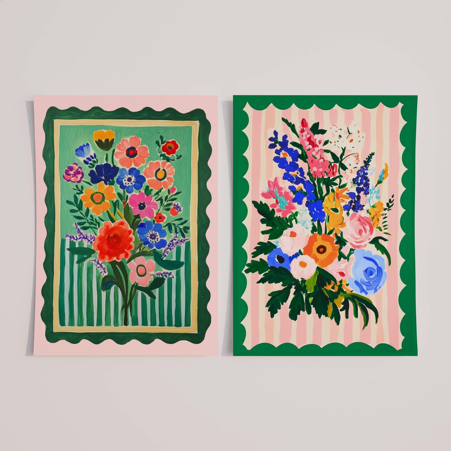 Pink and Green Floral Wall Art - Set of Two Art Prints