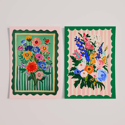 Pink and Green Floral Wall Art - Set of Two Art Prints