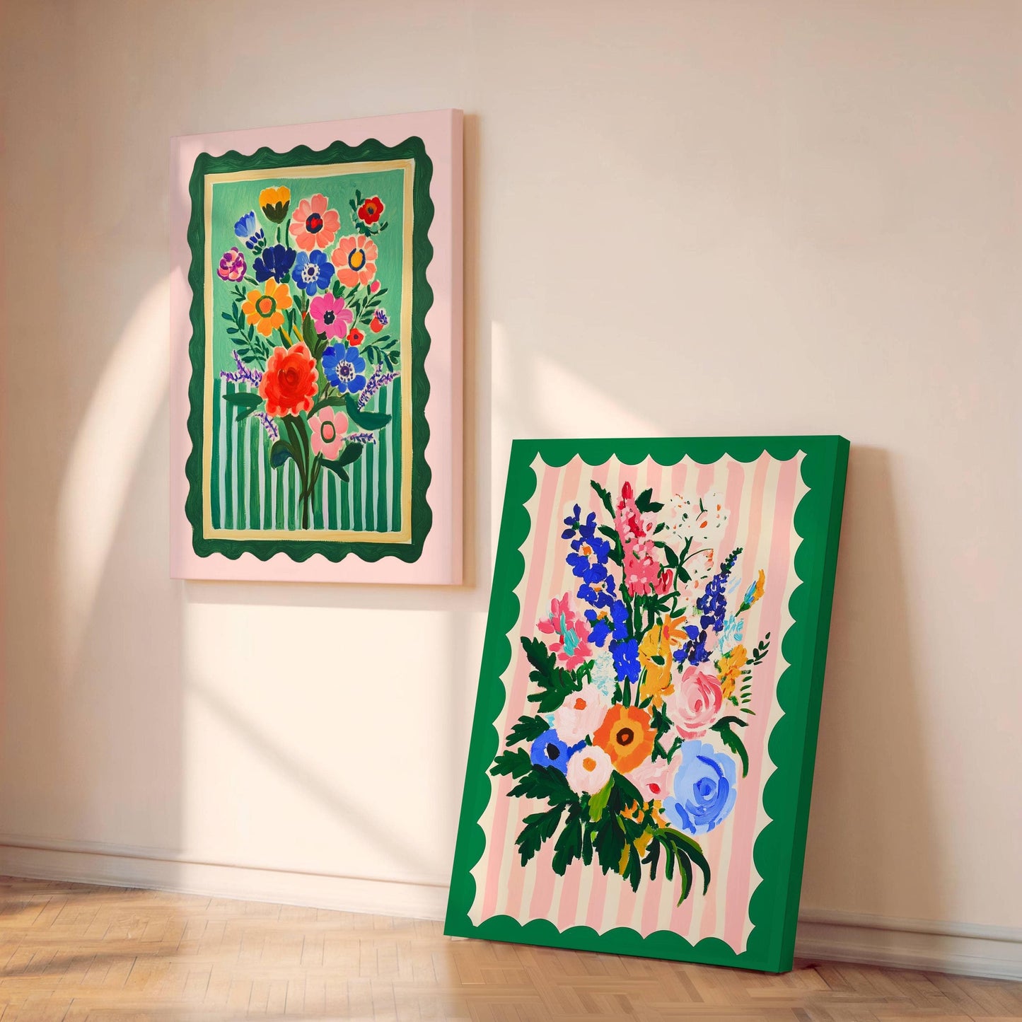 Pink and Green Floral Wall Art - Set of Two Art Prints
