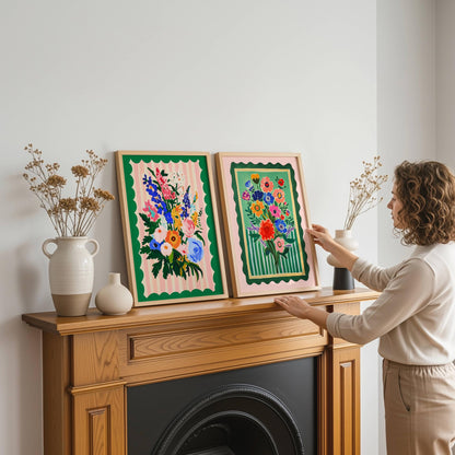 Pink and Green Floral Wall Art - Set of Two Art Prints