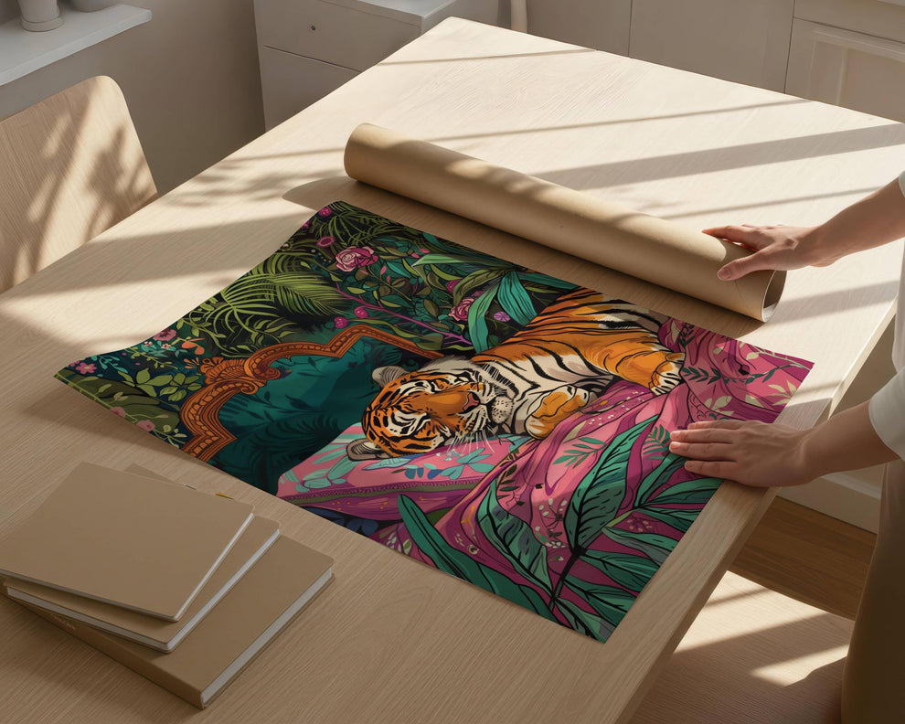 Sleeping Tiger in Bed Art Print – Maximalist Jungle Wall Art, Bold Animal Decor, Tiger Bedroom Poster, Rest Aesthetic, Gift for Her