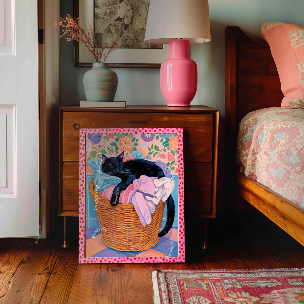 Black Cat Sleeping In A Laundry Basket - Laundry Room Art Print