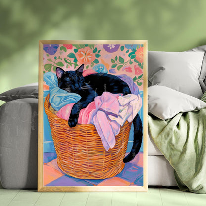 Black Cat Sleeping In A Laundry Basket - Laundry Room Art Print