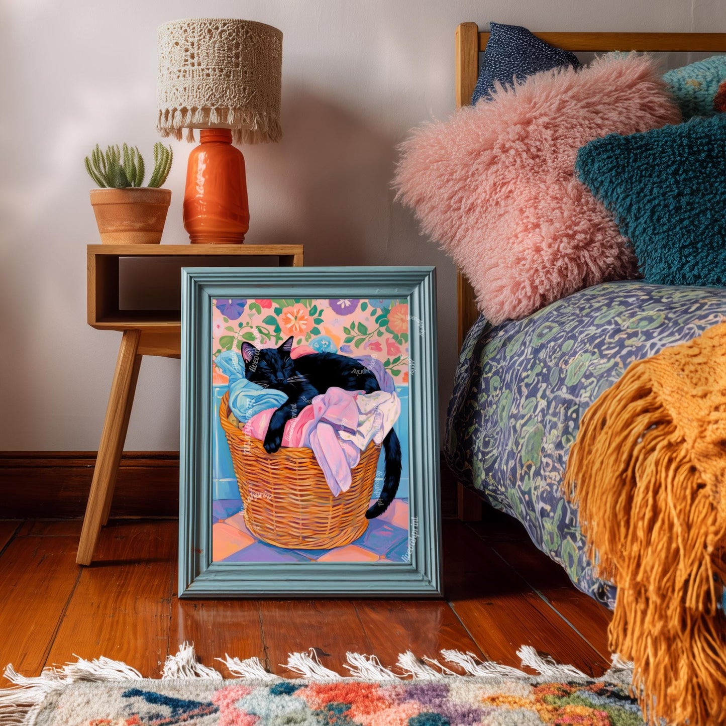 Black Cat Sleeping In A Laundry Basket - Laundry Room Art Print