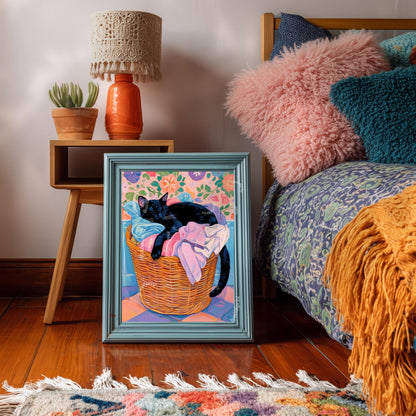 Black Cat Sleeping In A Laundry Basket - Laundry Room Art Print