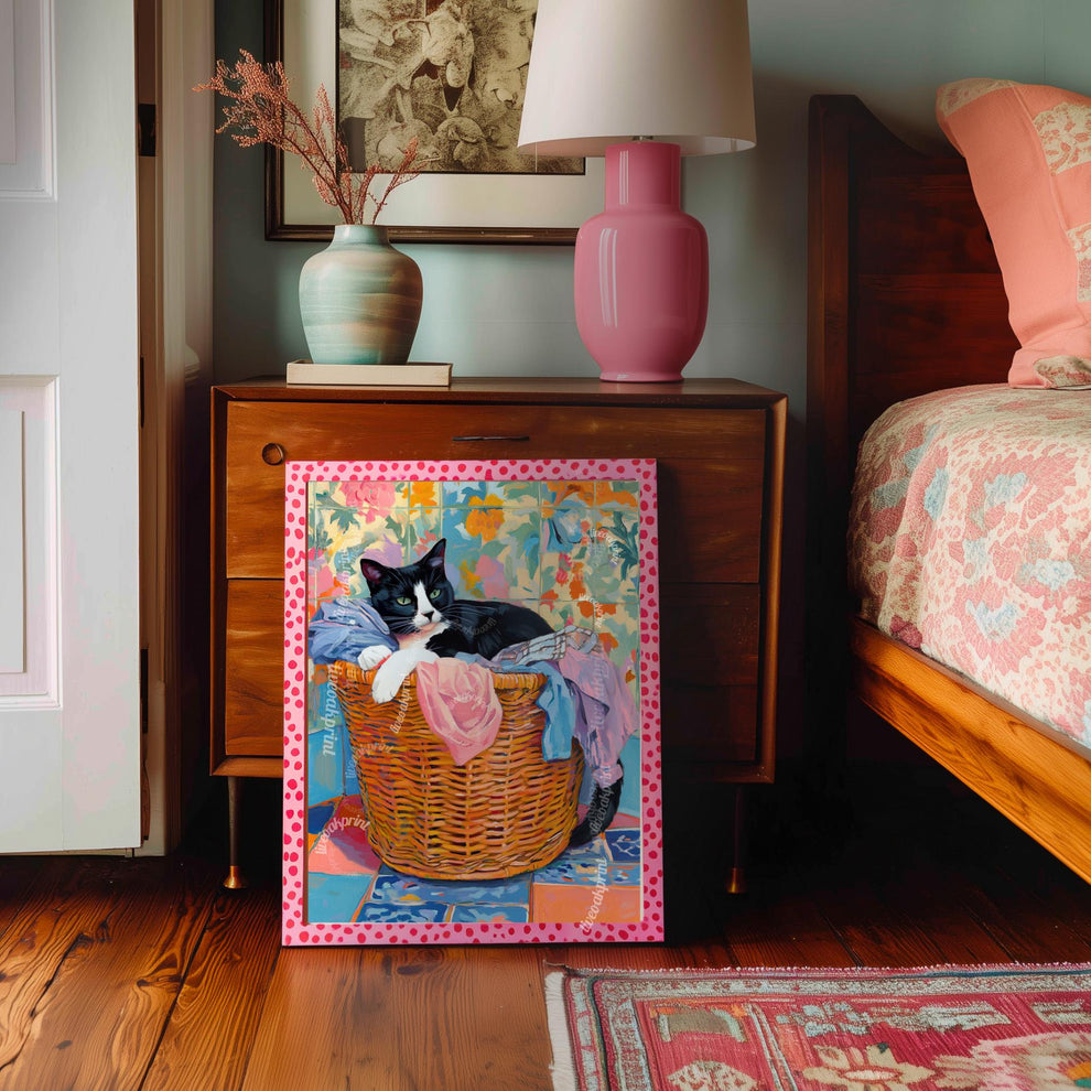 Tuxedo Cat In A Laundry Basket Wall Art - Laundry Room Art Print