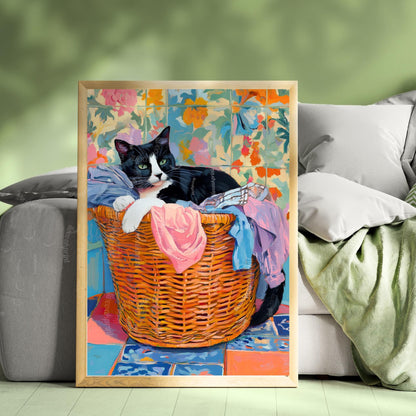 Tuxedo Cat In A Laundry Basket Wall Art - Laundry Room Art Print