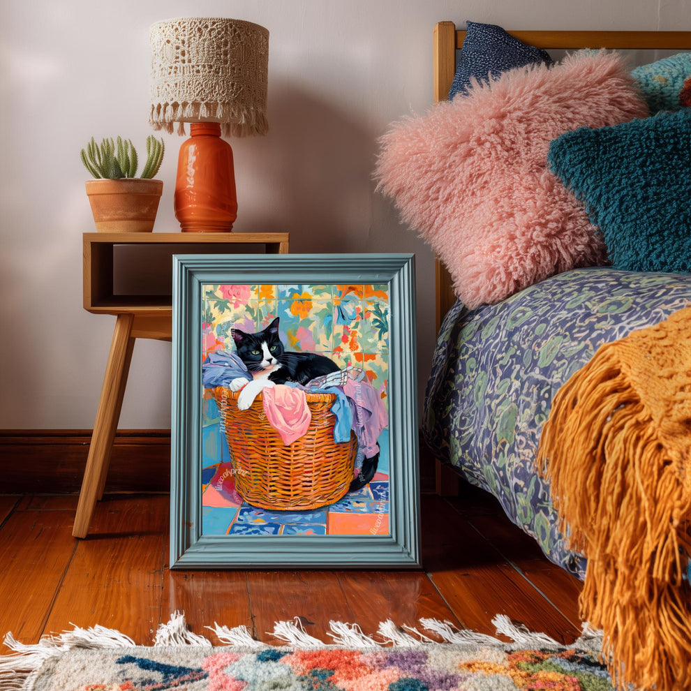 Tuxedo Cat In A Laundry Basket Wall Art - Laundry Room Art Print