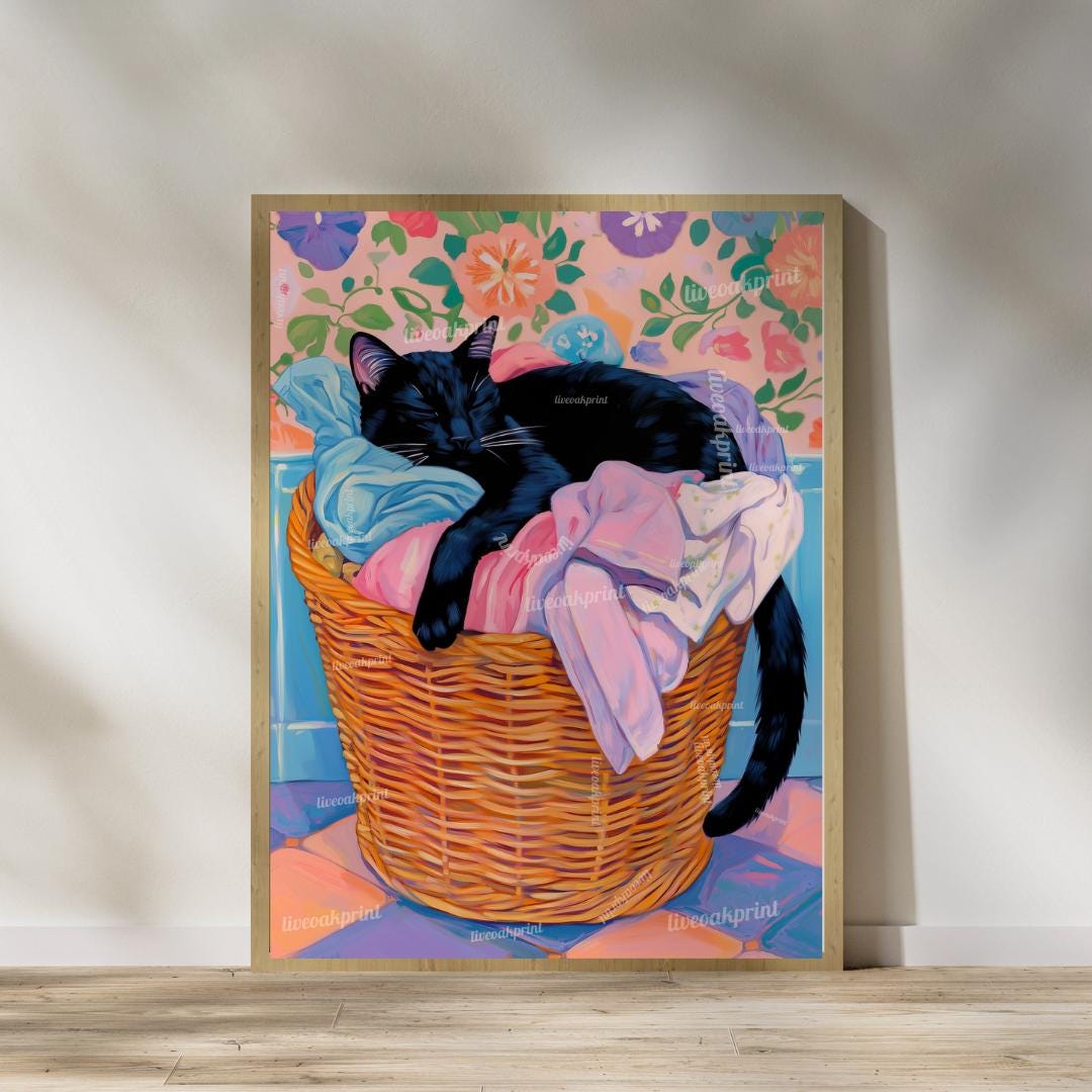 Set of Two Black Cats Wall Art - Black Cat In Laundry Bin Print