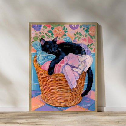 Set of Two Black Cats Wall Art - Black Cat In Laundry Bin Print