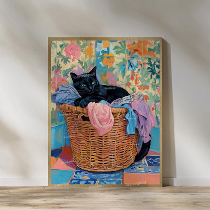 Set of Two Black Cats Wall Art - Black Cat In Laundry Bin Print