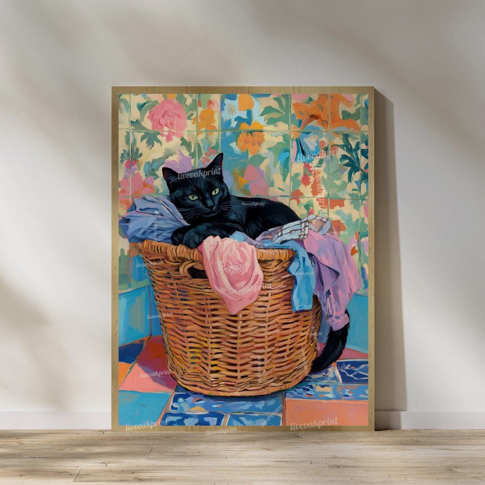 Set of Two Black Cats Wall Art - Black Cat In Laundry Bin Print