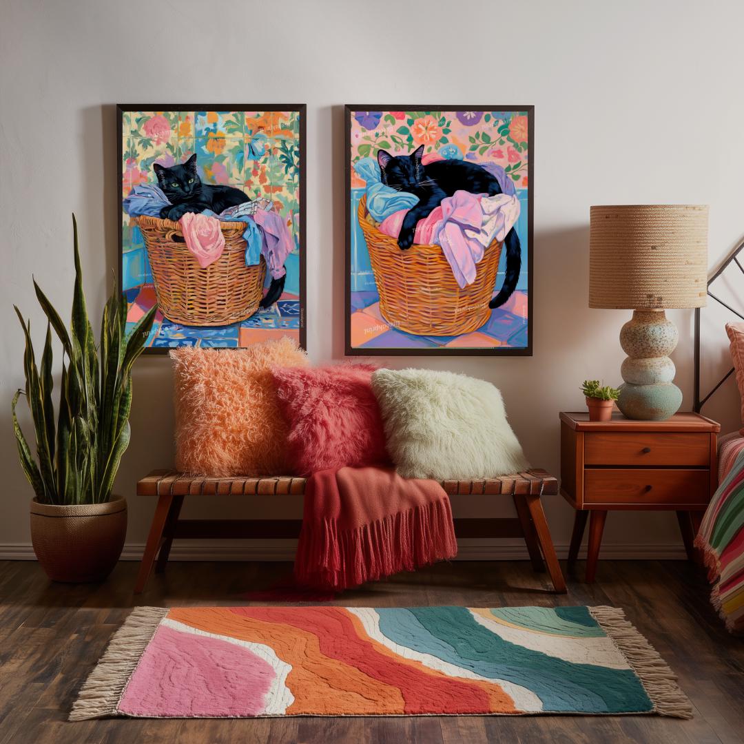 Set of Two Black Cats Wall Art - Black Cat In Laundry Bin Print