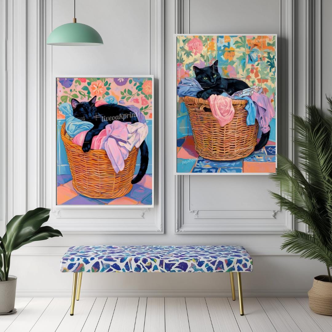 Set of Two Black Cats Wall Art - Black Cat In Laundry Bin Print