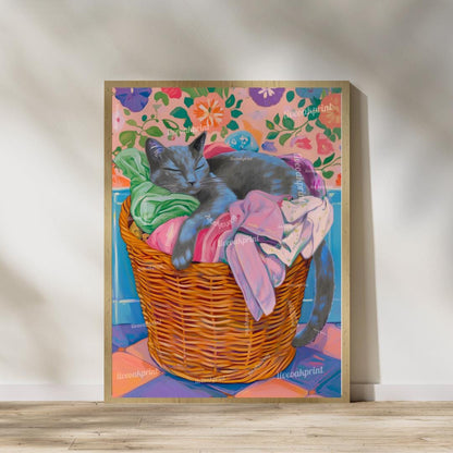 Set of Two Blue Russian Cats Wall Art - Gray Cat In Laundry Bin Print