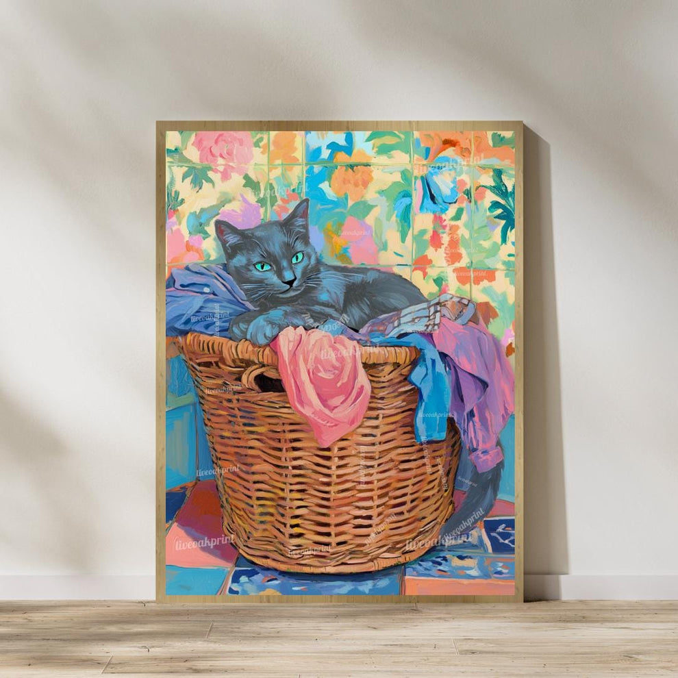 Set of Two Blue Russian Cats Wall Art - Gray Cat In Laundry Bin Print